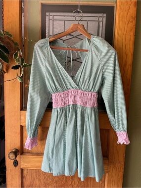 Topshop Pink and Green Striped Mini Dress with Smocked Details